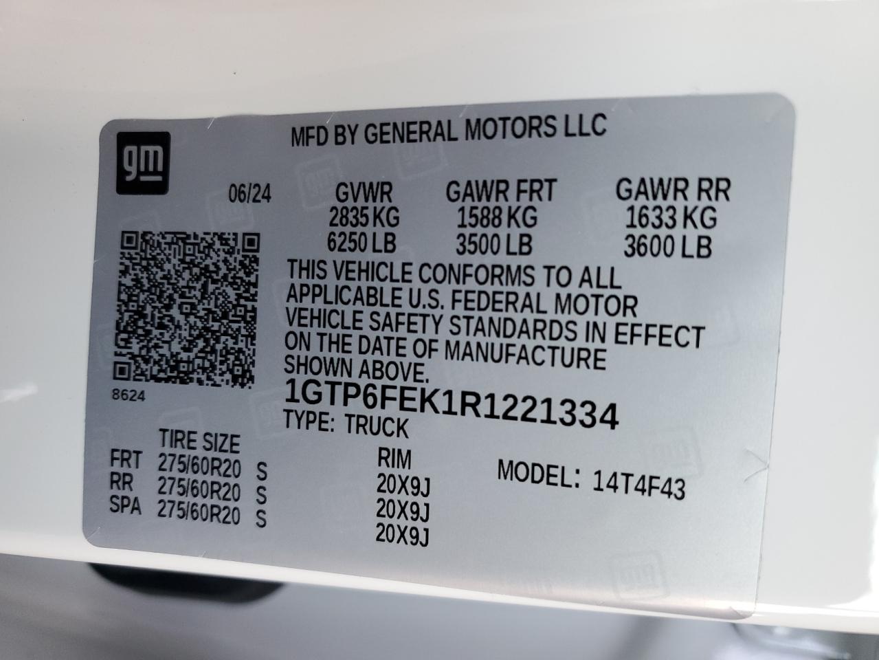 2024 GMC CANYON DENALI VIN:1GTP6FEK1R1221334