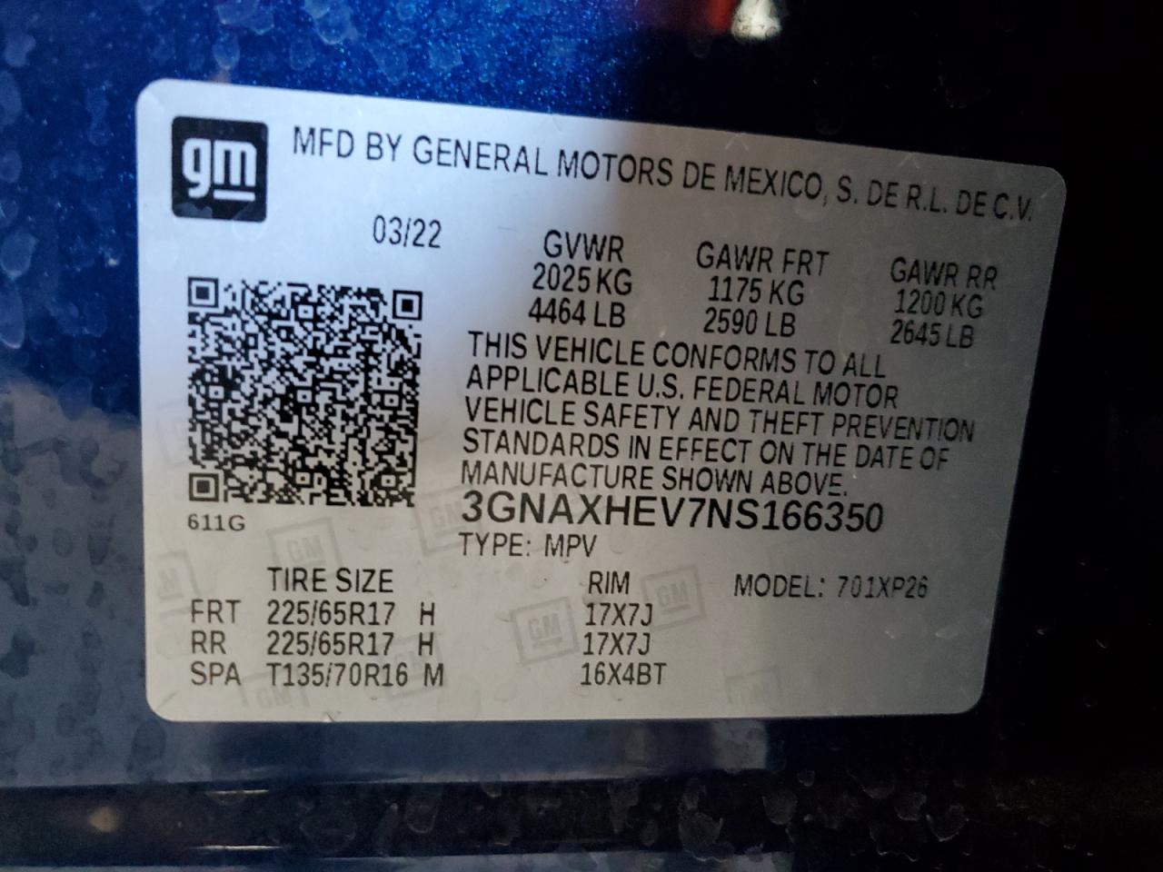 2022 CHEVROLET EQUINOX LS VIN:3GNAXHEV7NS166350