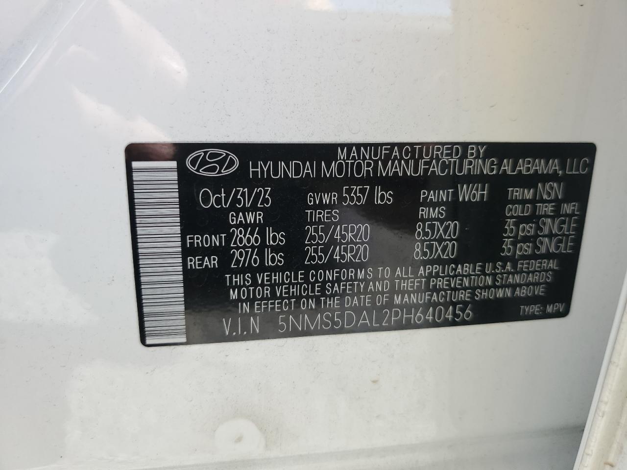 2023 HYUNDAI SANTA FE CALLIGRAPHY VIN:5NMS5DAL2PH640456
