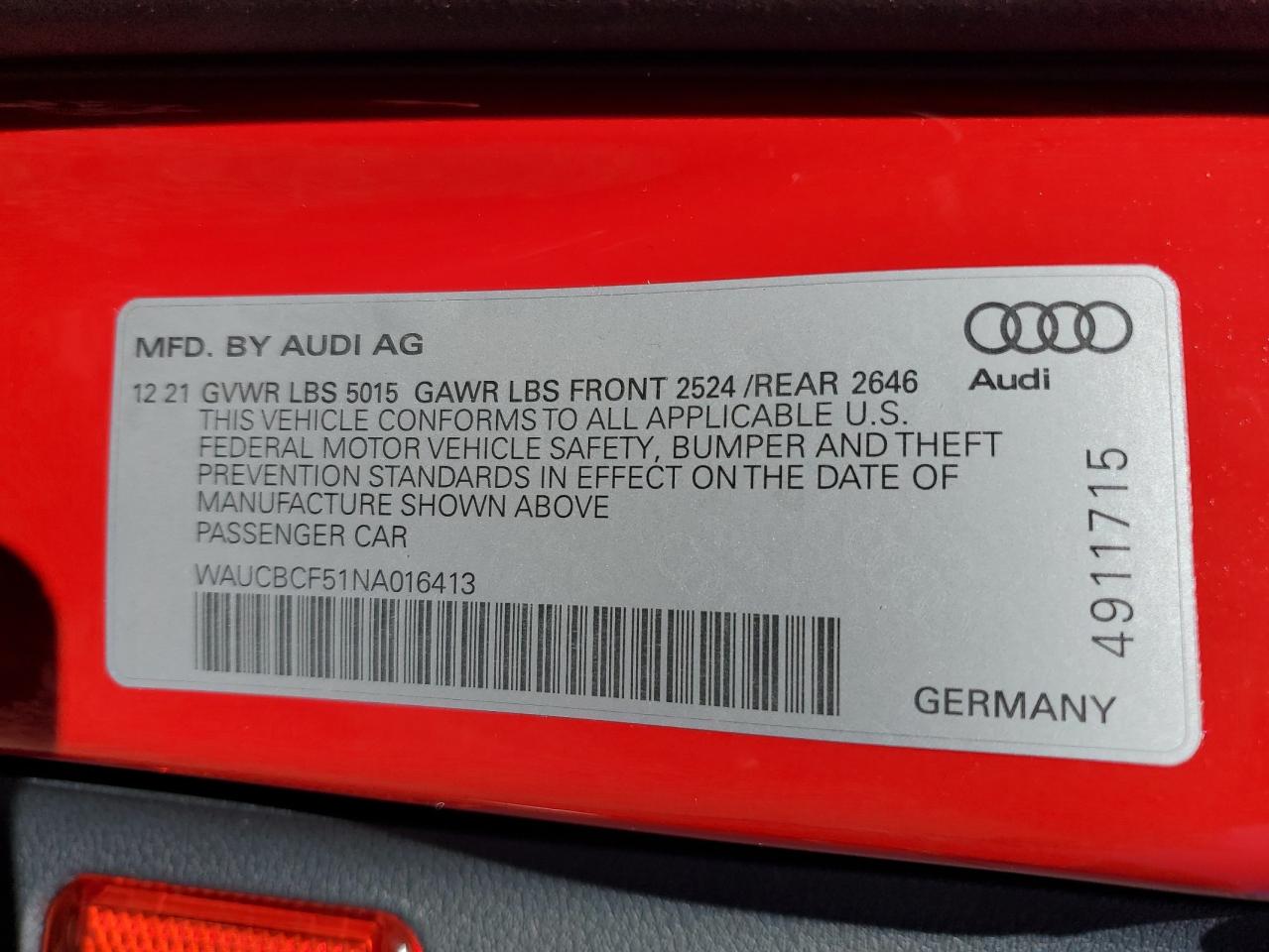 2022 AUDI A5 PREMIUM PLUS 40 VIN:WAUCBCF51NA016413