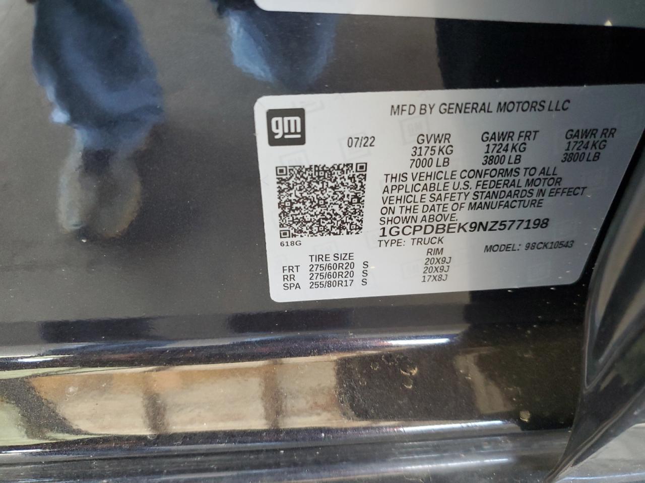 2022 CHEVROLET SILVERADO K1500 CUSTOM VIN:1GCPDBEK9NZ577198