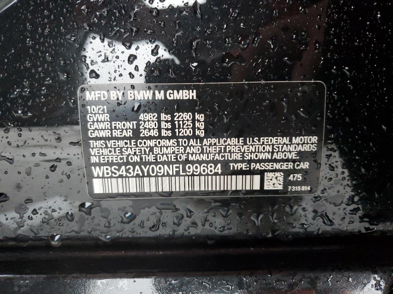 2022 BMW M3 COMPETITION VIN:WBS43AY09NFL99684