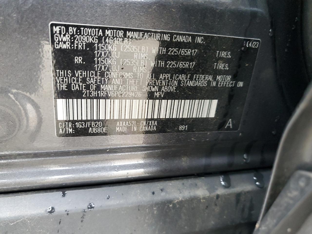 2023 TOYOTA RAV4 LE VIN:2T3H1RFV6PC229426