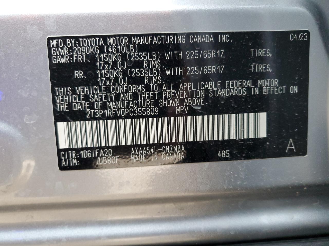2023 TOYOTA RAV4 XLE VIN:2T3P1RFV0PC355809