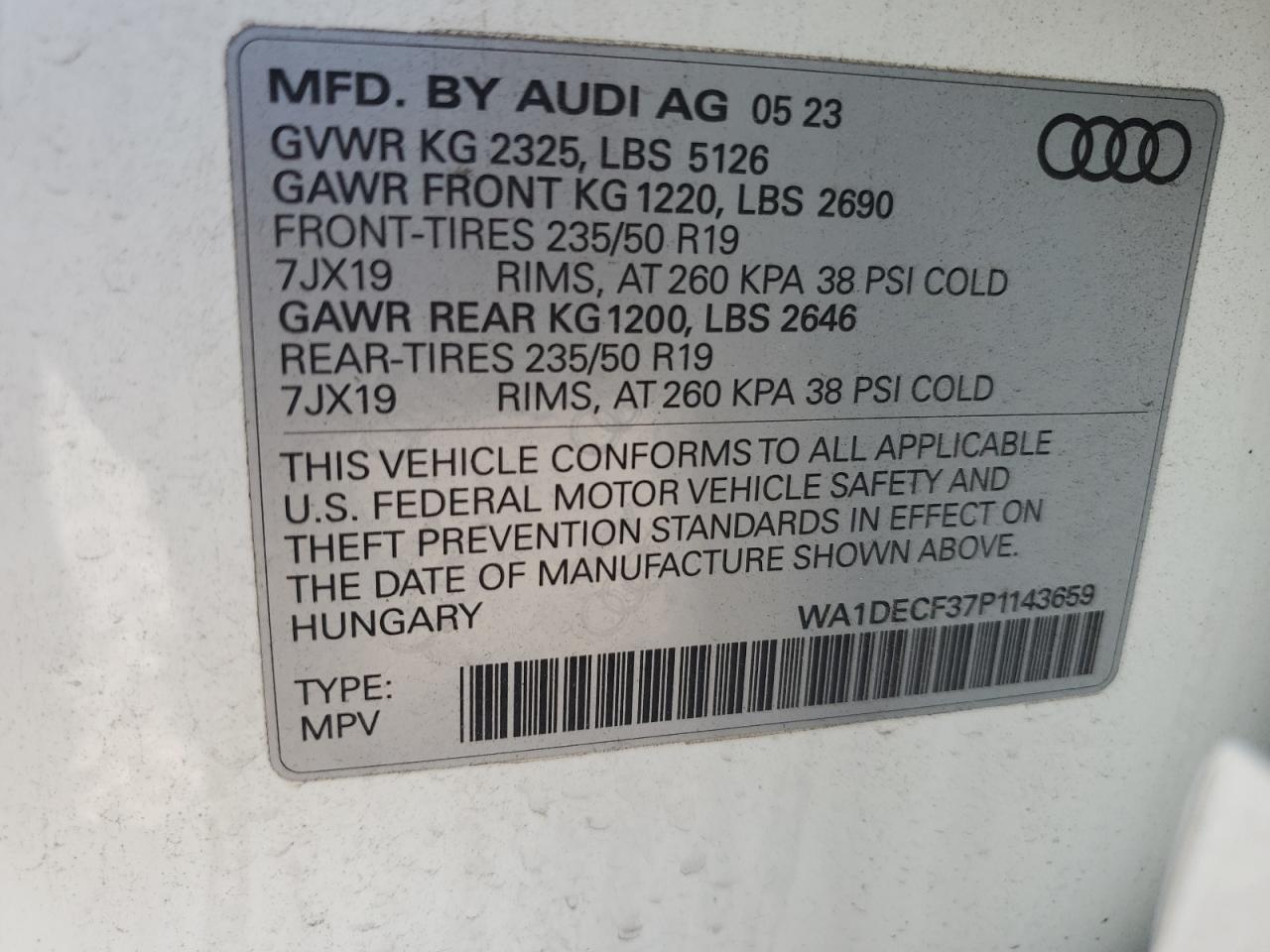 2023 AUDI Q3 PREMIUM S LINE 45 VIN:WA1DECF37P1143659