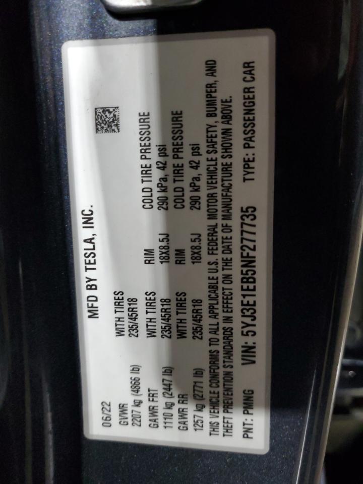 2022 TESLA MODEL 3 VIN:5YJ3E1EB5NF277735
