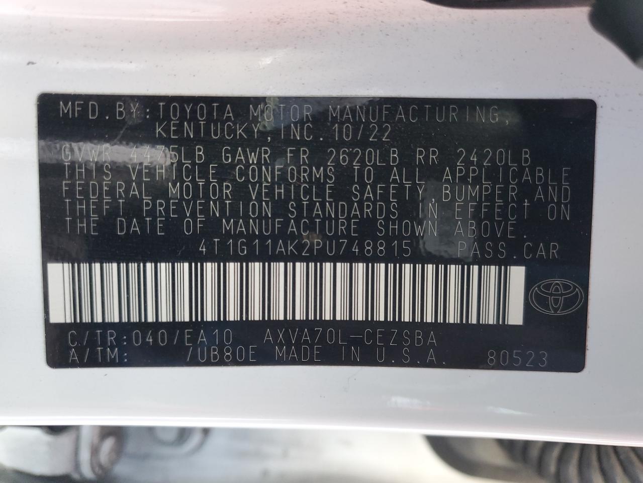 2023 TOYOTA CAMRY SE NIGHT SHADE VIN:4T1G11AK2PU748815