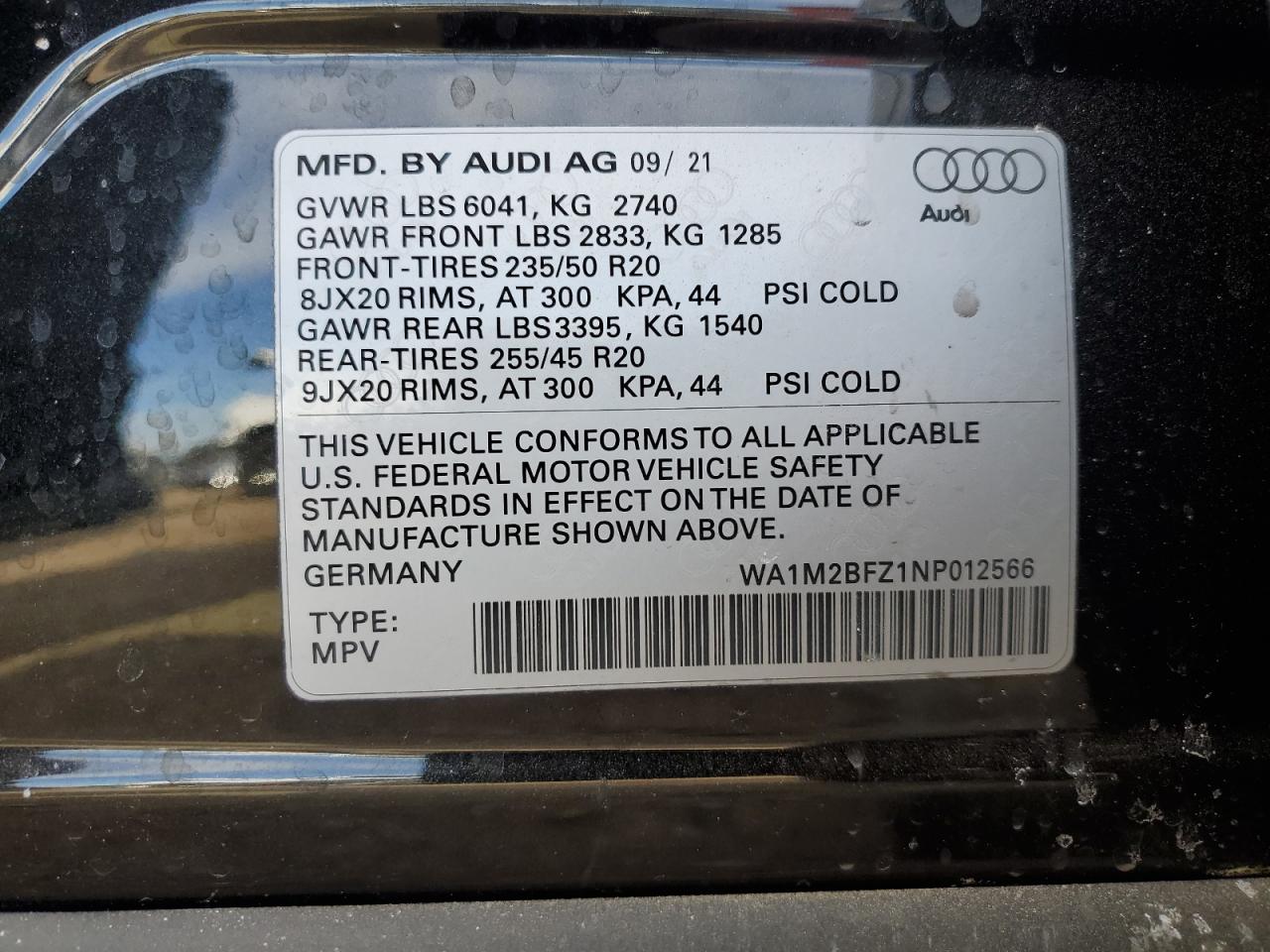 2022 AUDI Q4 E-TRON PRESTIGE S-LINE VIN:WA1M2BFZ1NP012566