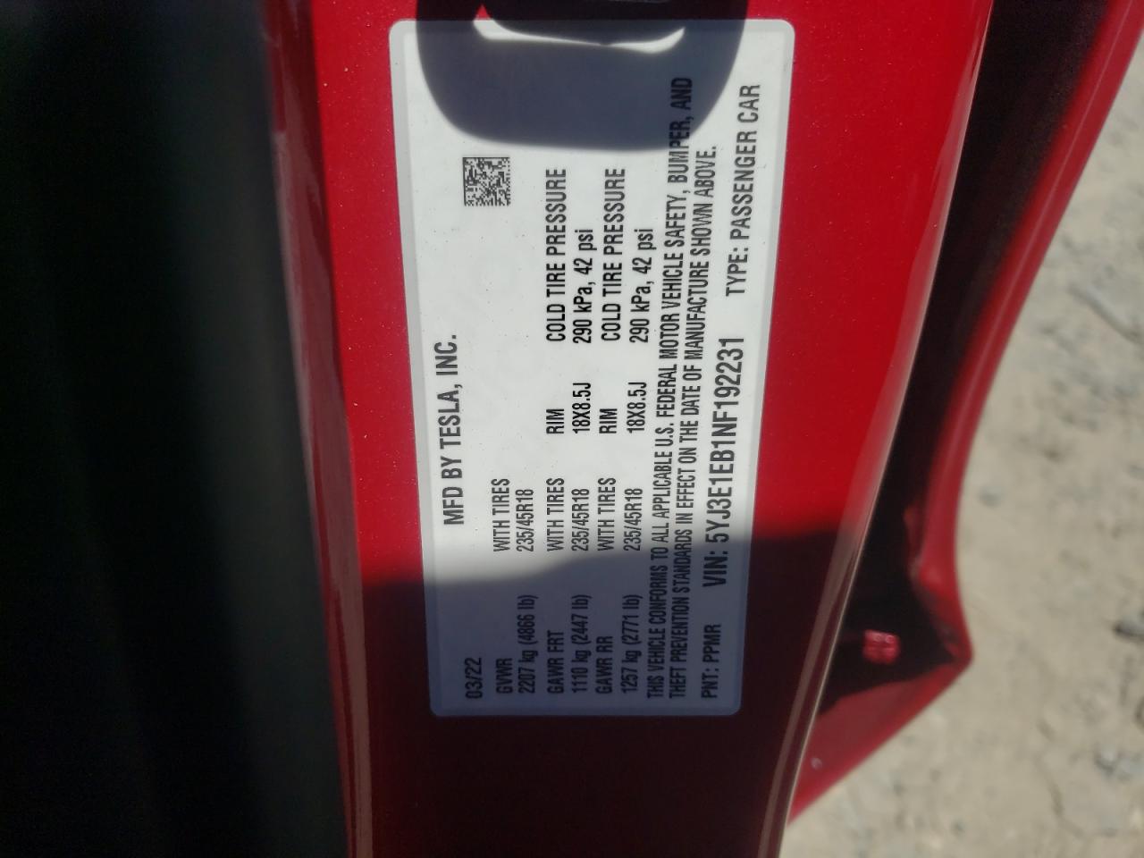 2022 TESLA MODEL 3 VIN:5YJ3E1EB1NF192231