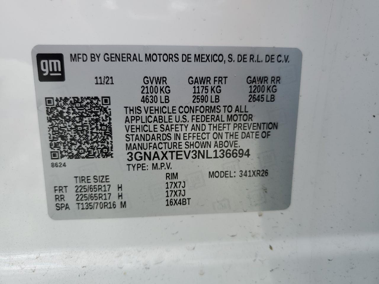 2022 CHEVROLET EQUINOX LT VIN:3GNAXTEV3NL136694