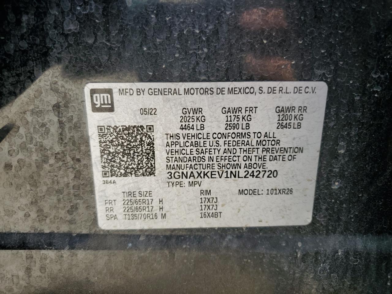 2022 CHEVROLET EQUINOX LT VIN:3GNAXKEV1NL242720