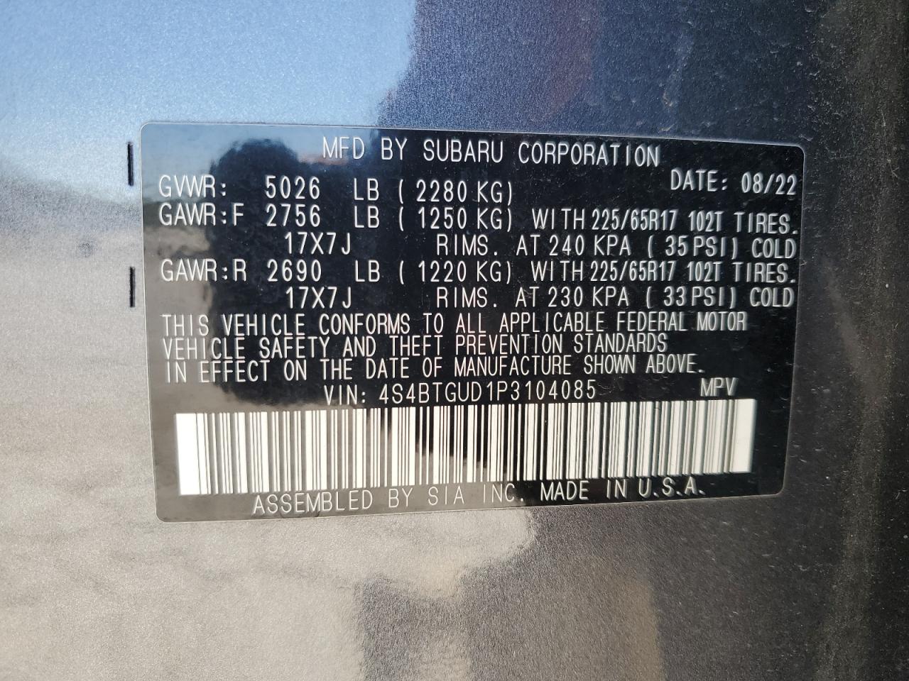 2023 SUBARU OUTBACK WILDERNESS VIN:4S4BTGUD1P3104085