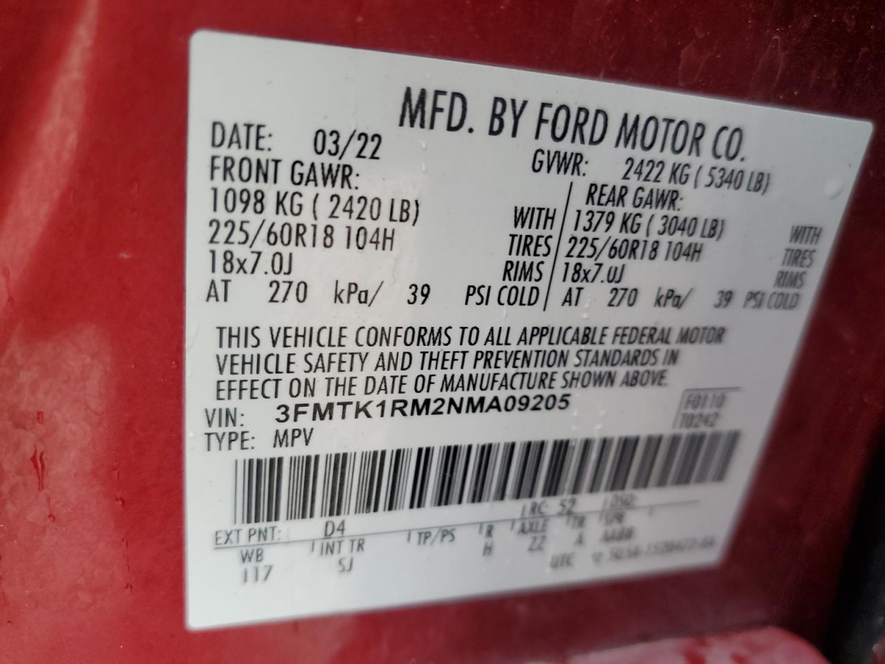 2022 FORD MUSTANG MACH-E SELECT VIN:3FMTK1RM2NMA09205