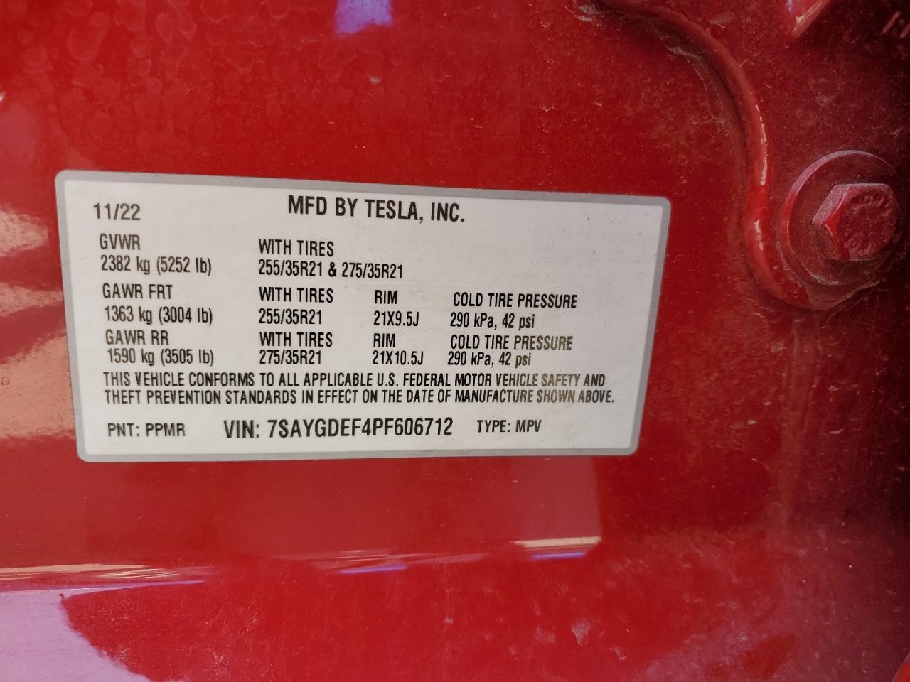 2023 TESLA MODEL Y VIN:7SAYGDEF4PF606712