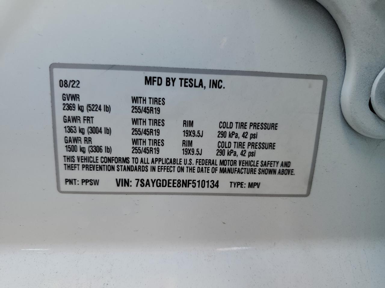 2022 TESLA MODEL Y VIN:7SAYGDEE8NF510134