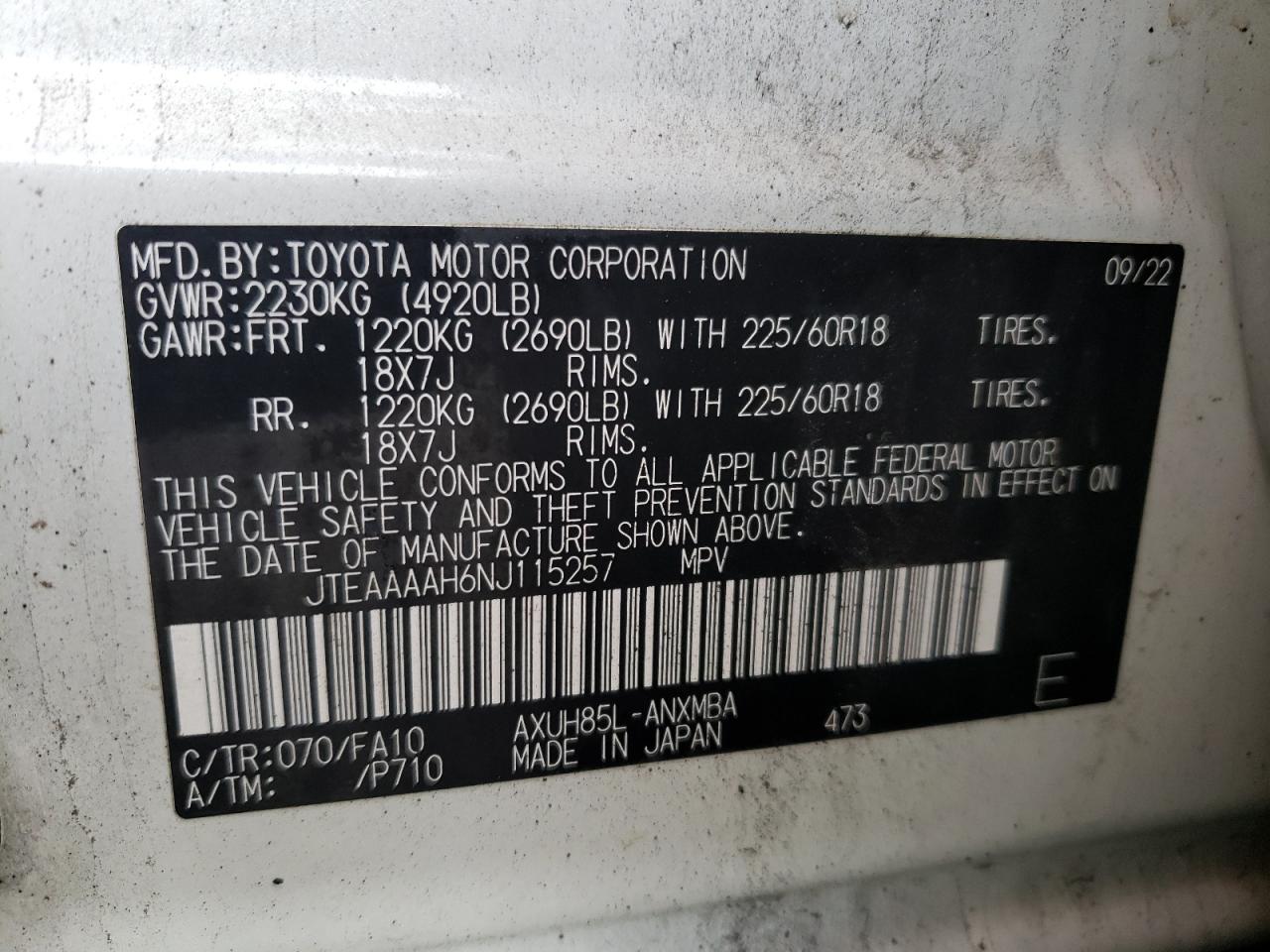 2022 TOYOTA VENZA LE VIN:JTEAAAAH6NJ115257