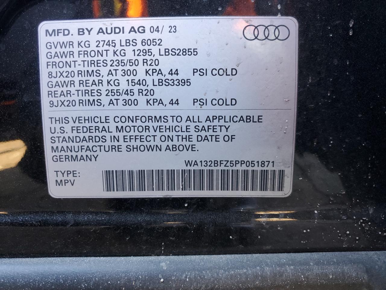 2023 AUDI Q4 E-TRON SPORTBACK PREMIUM PLUS VIN:WA132BFZ5PP051871