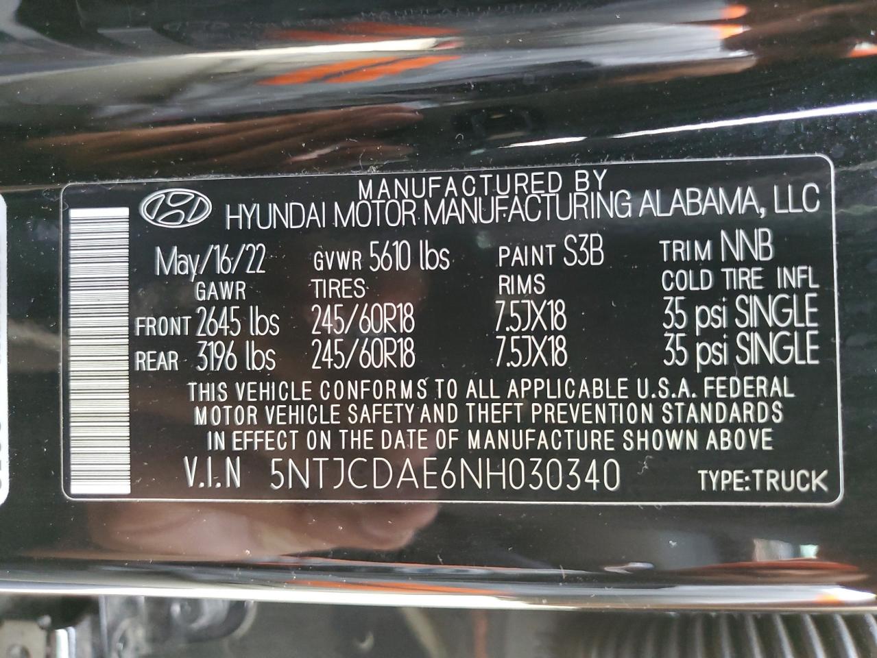 2022 HYUNDAI SANTA CRUZ SEL VIN:1N4BL11D36N308983