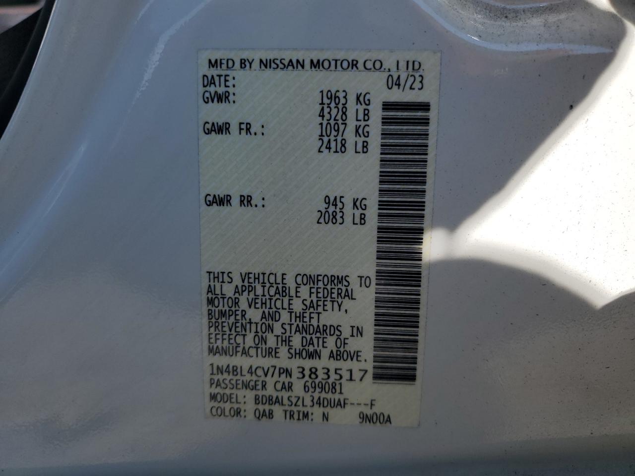 2023 NISSAN ALTIMA SR VIN:1N4BL4CV7PN383517