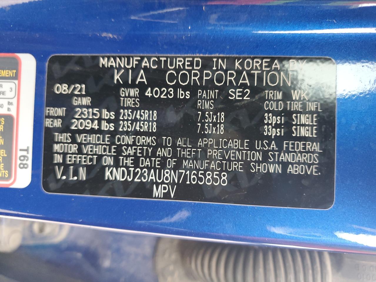 2022 KIA SOUL LX VIN:KNDJ23AU8N7165858