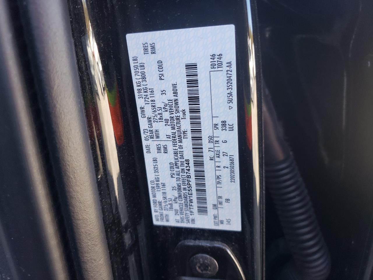 2023 FORD F150 SUPERCREW VIN:1FTFW1E55PFB74348