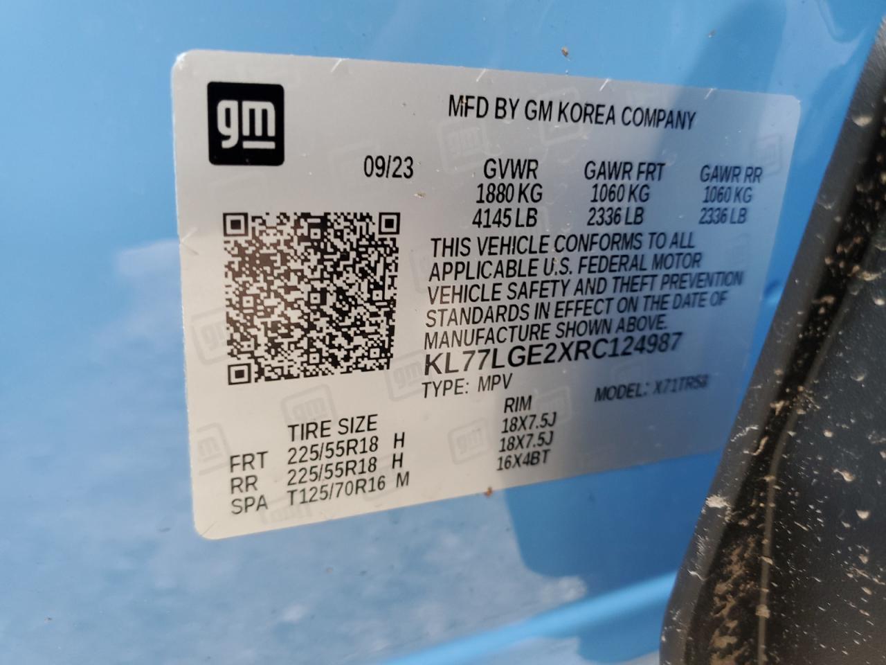 2024 CHEVROLET TRAX 1RS VIN:KL77LGE2XRC124987