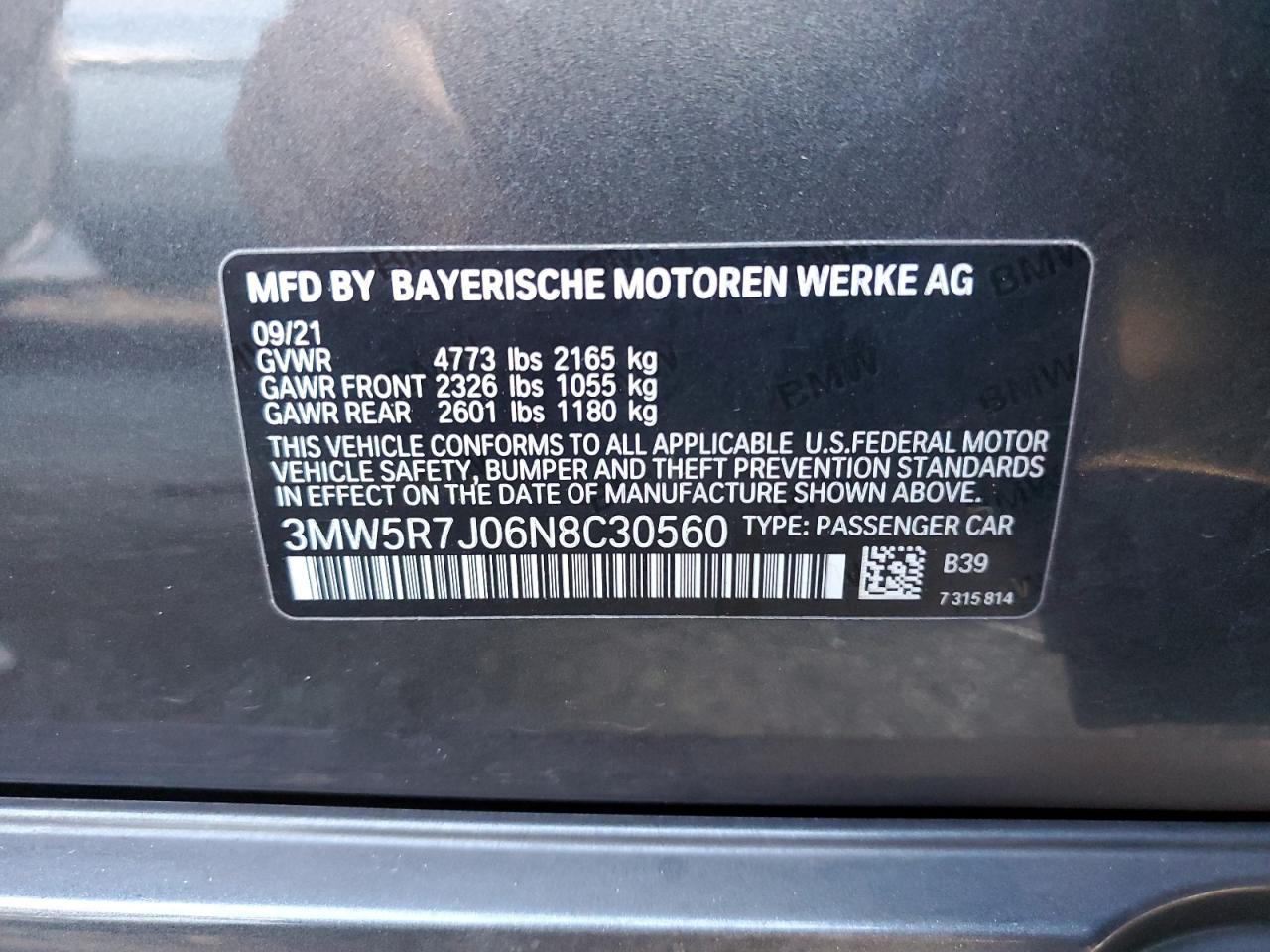 2022 BMW 330XI VIN:3MW5R7J06N8C30560