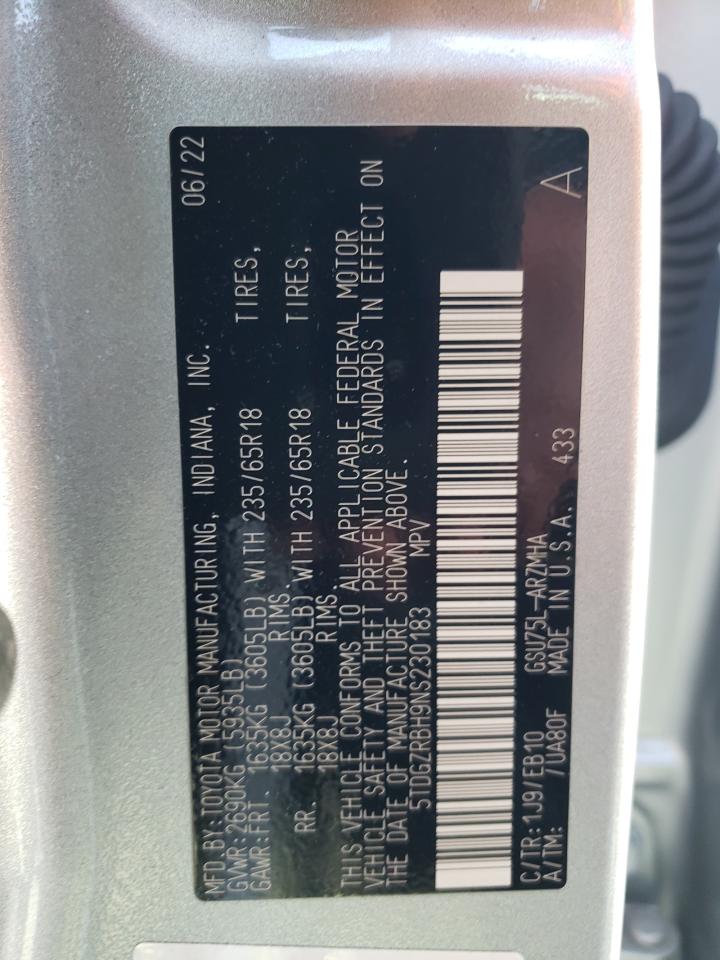 2022 TOYOTA HIGHLANDER XLE VIN:5TDGZRBH9NS230183