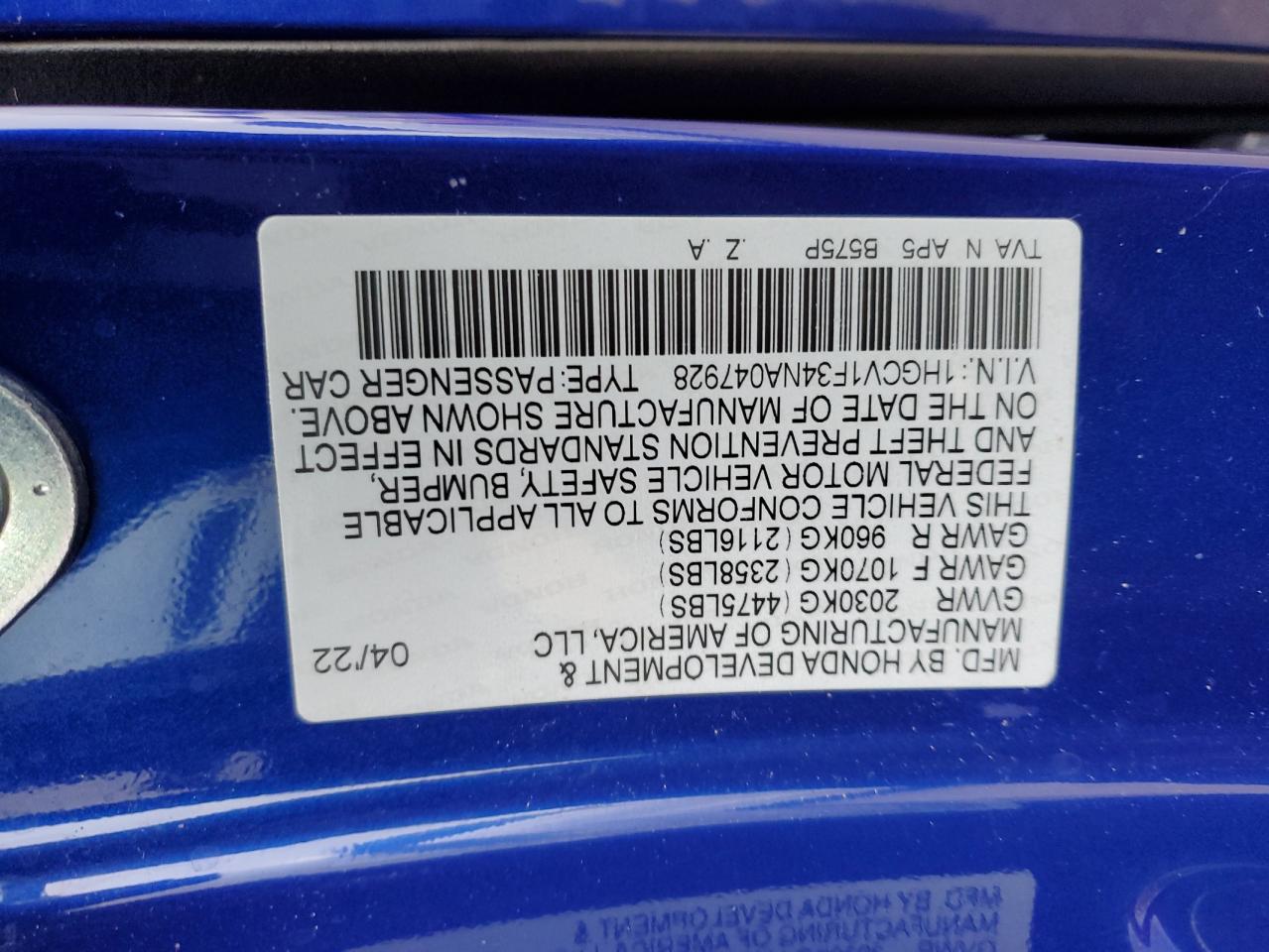 2022 HONDA ACCORD SPORT VIN:1HGCV1F34NA047928