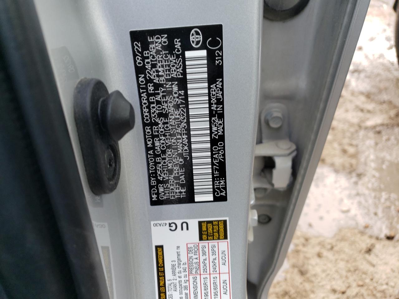 2022 TOYOTA PRIUS PRIME LE VIN:JTDKAMFP3N3221714