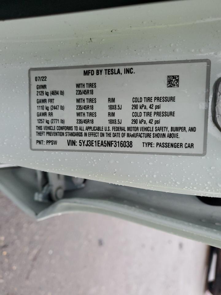 2022 TESLA MODEL 3 VIN:5YJ3E1EA5NF316038