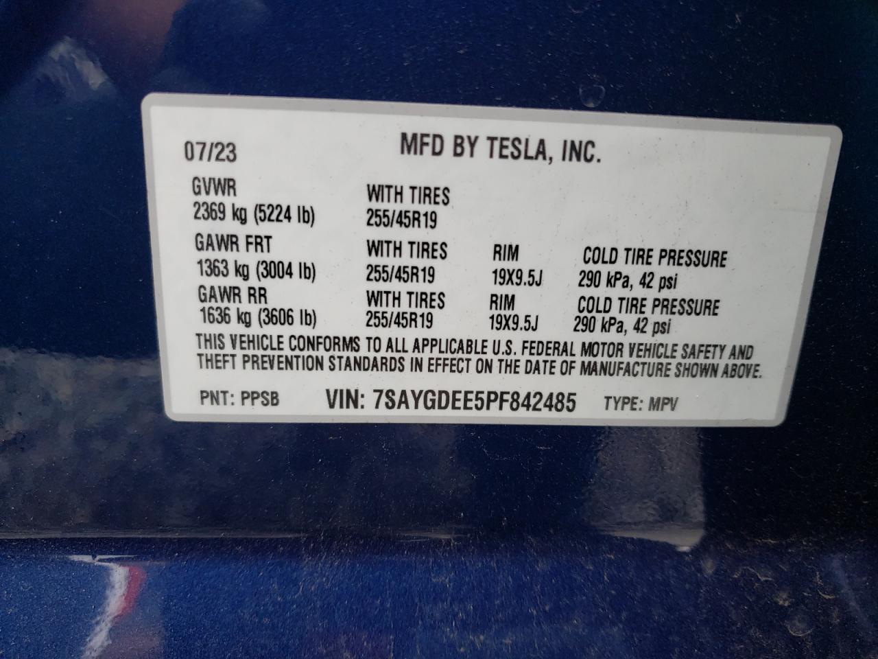 2023 TESLA MODEL Y VIN:7SAYGDEE5PF842485