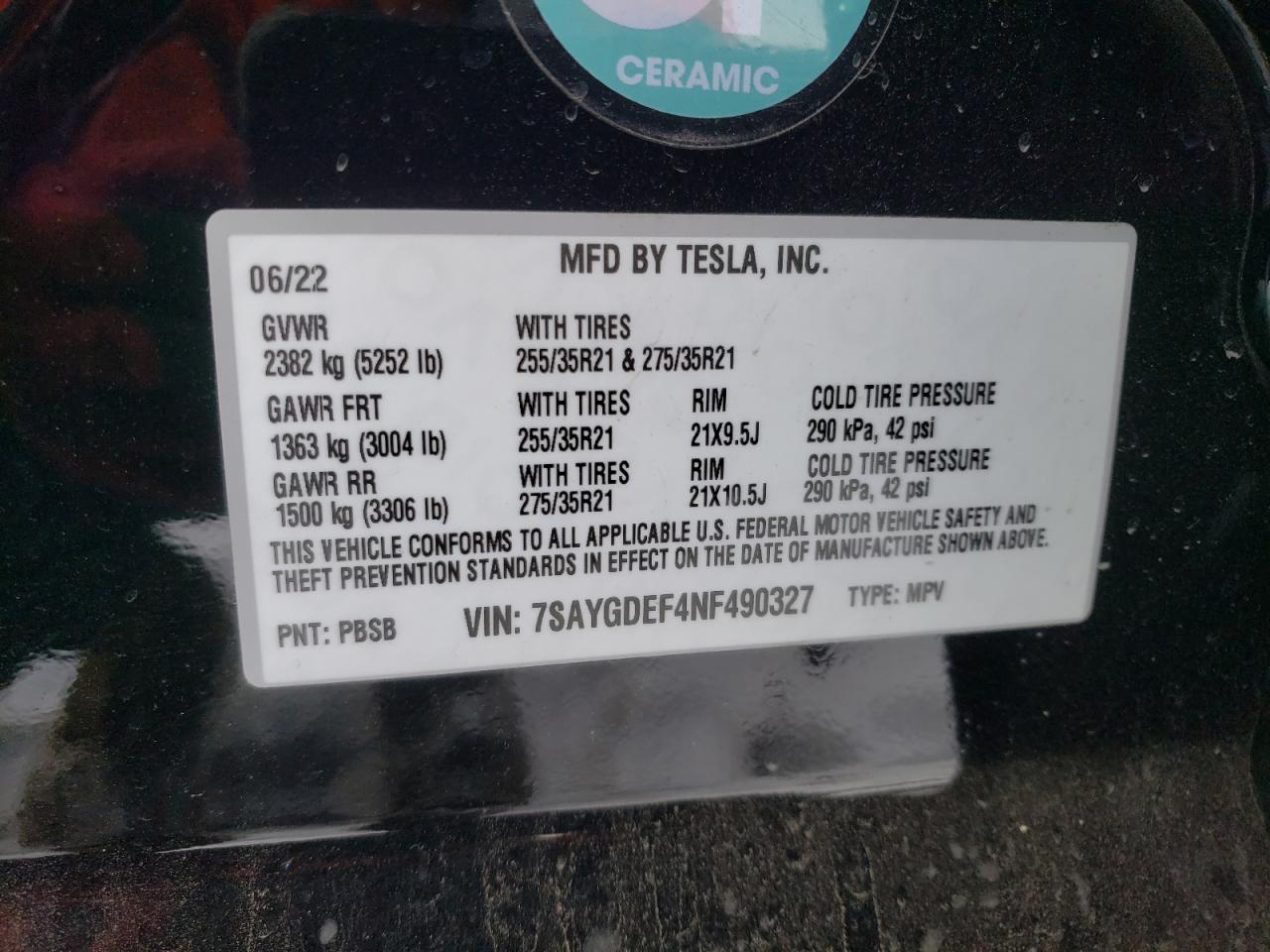 2022 TESLA MODEL Y VIN:7SAYGDEF4NF490327