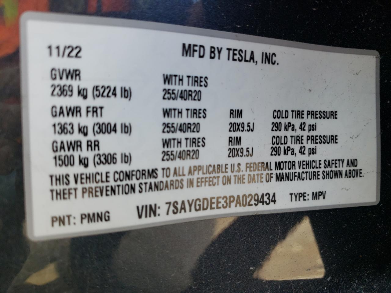 2023 TESLA MODEL Y VIN:7SAYGDEE3PA029434