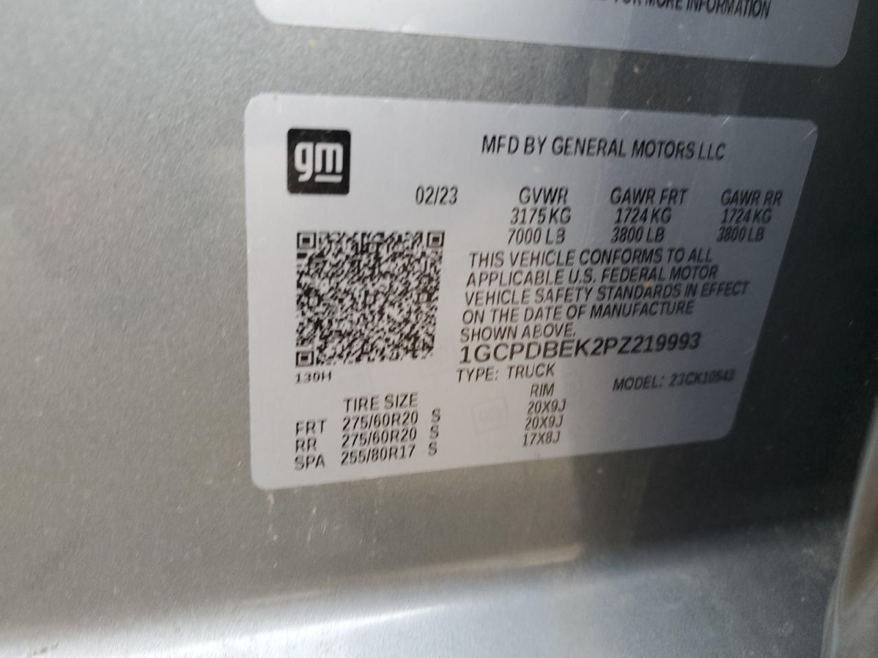 2023 CHEVROLET SILVERADO K1500 CUSTOM VIN:1GCPDBEK2PZ219993