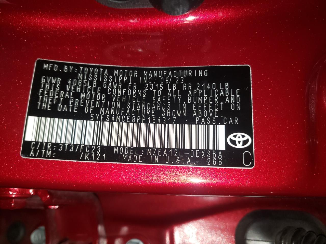 2023 TOYOTA COROLLA SE VIN:5YFS4MCE8PP164317