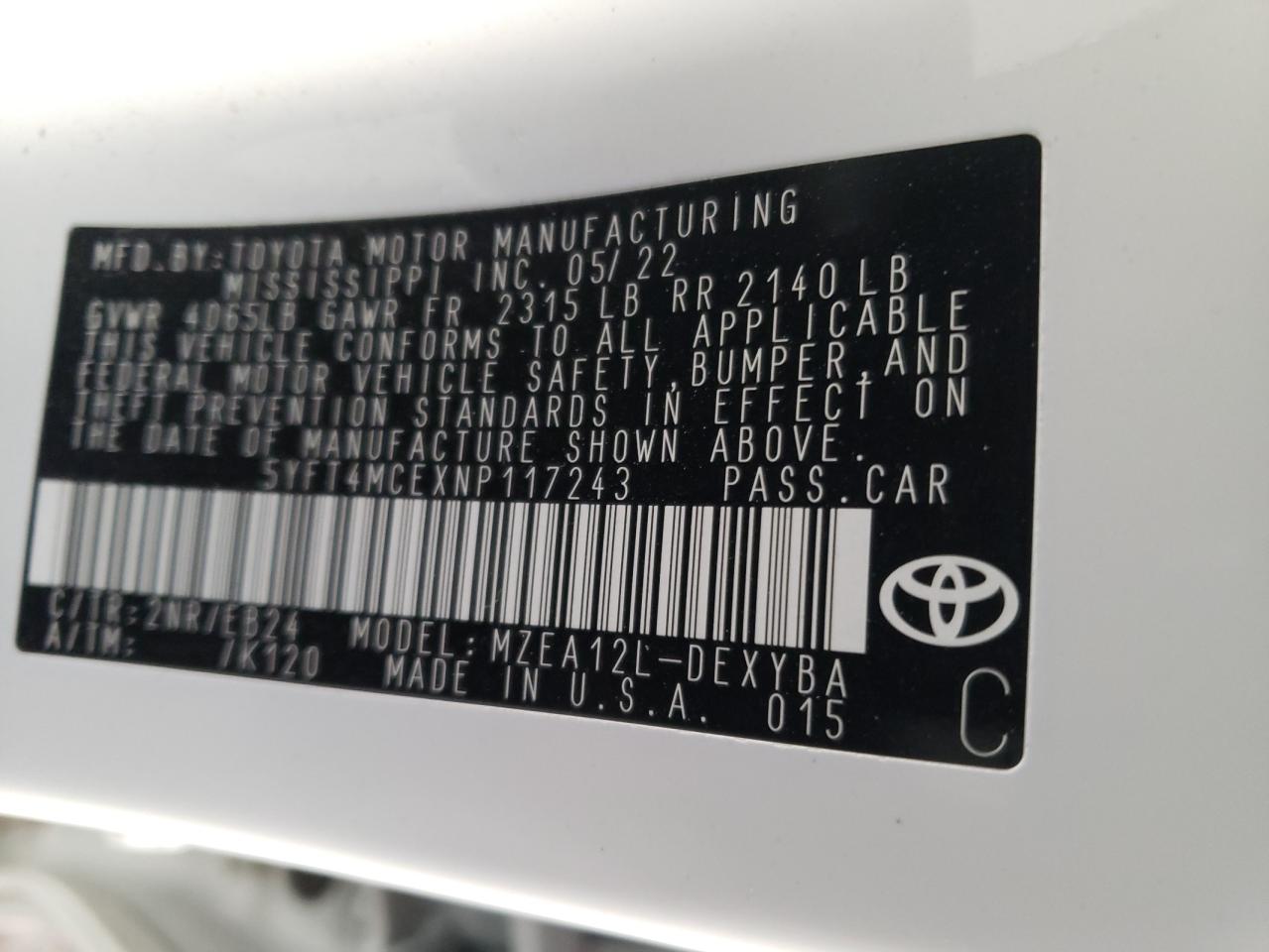 2022 TOYOTA COROLLA XSE VIN:5YFT4MCEXNP117243