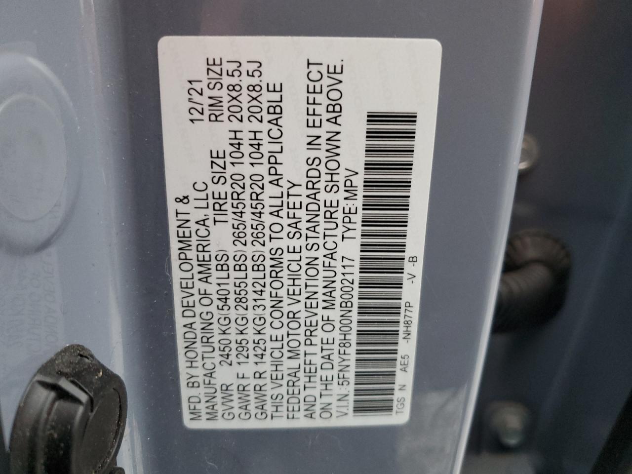 2022 HONDA PASSPORT ELITE VIN:5FNYF8H00NB002117