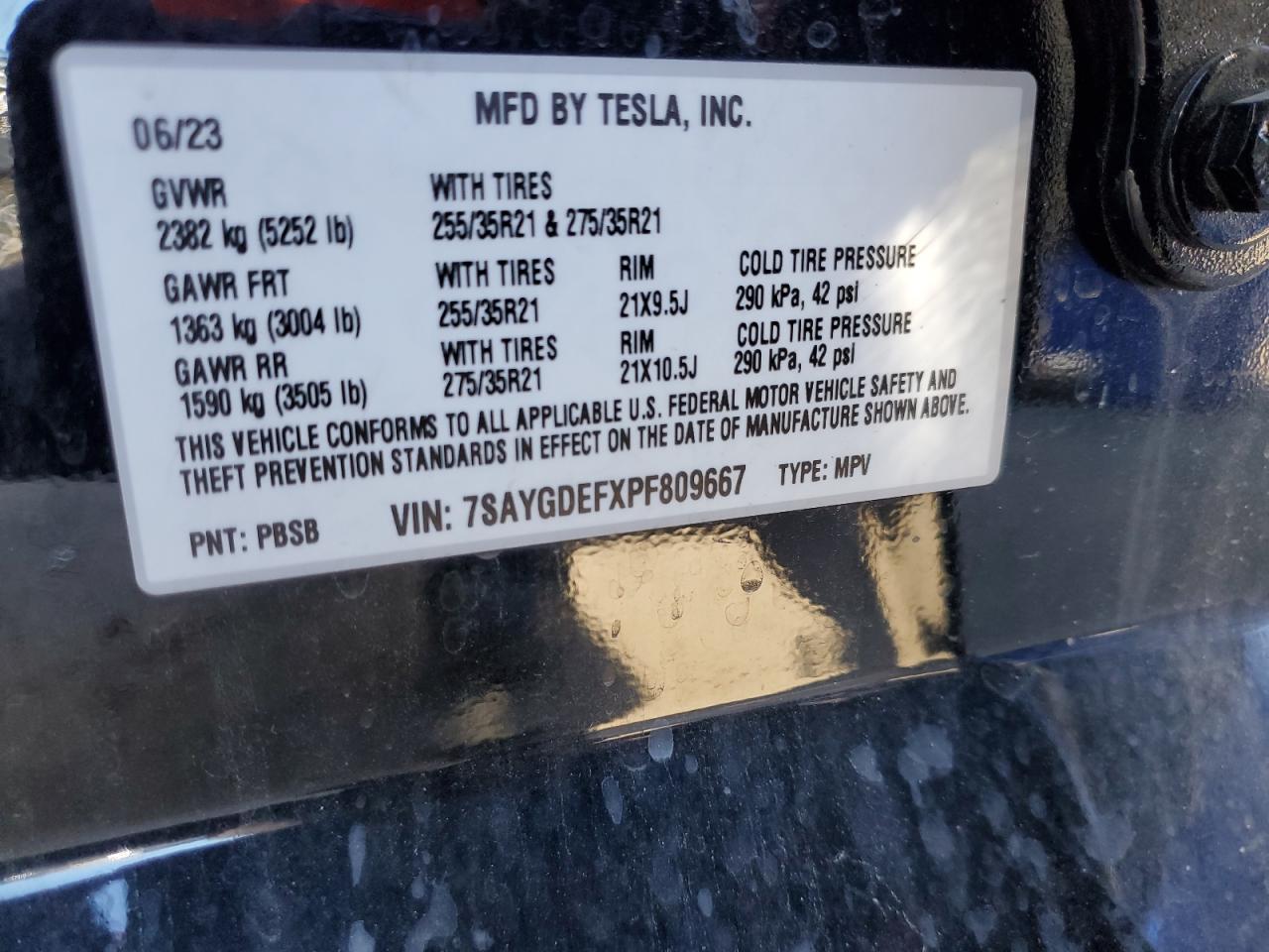 2023 TESLA MODEL Y VIN:7SAYGDEFXPF809667