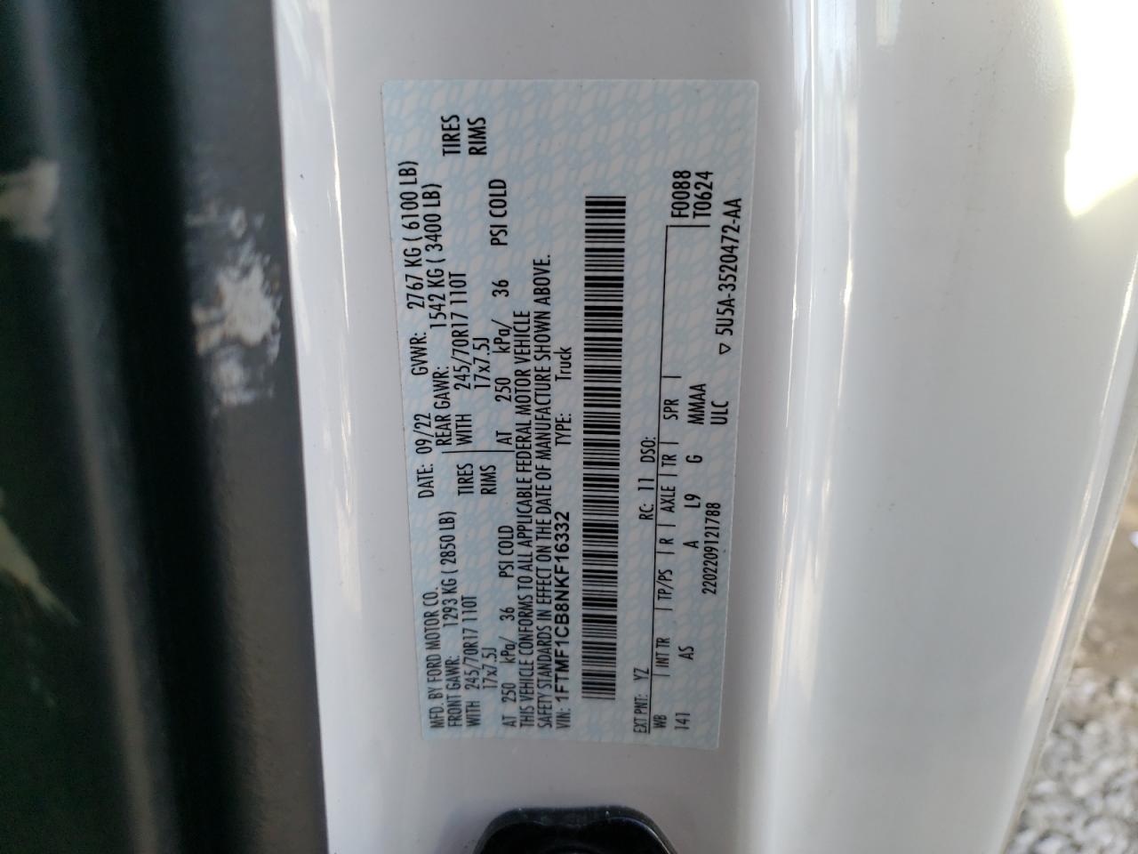 2022 FORD F150 VIN:1FTMF1CB8NKF16332
