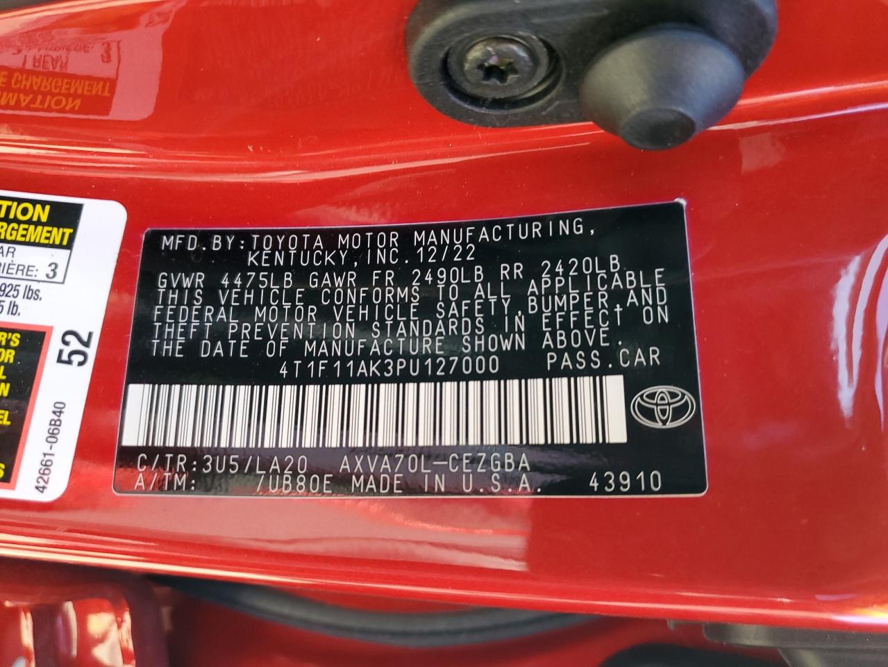 2023 TOYOTA CAMRY XLE VIN:4T1F11AK3PU127000