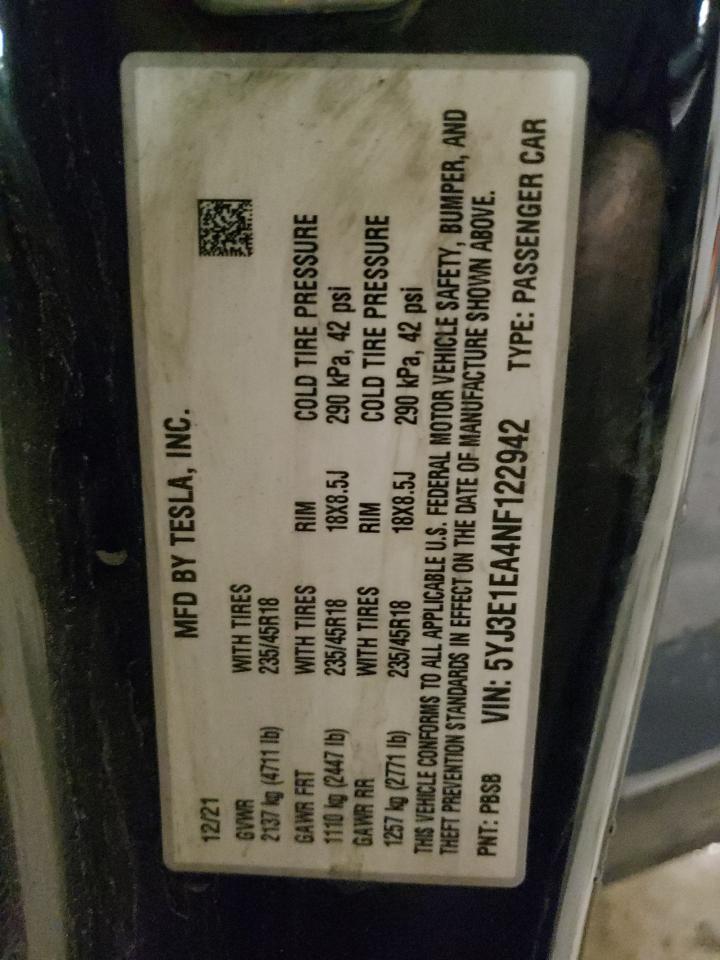 2022 TESLA MODEL 3 VIN:5YJ3E1EA4NF122942