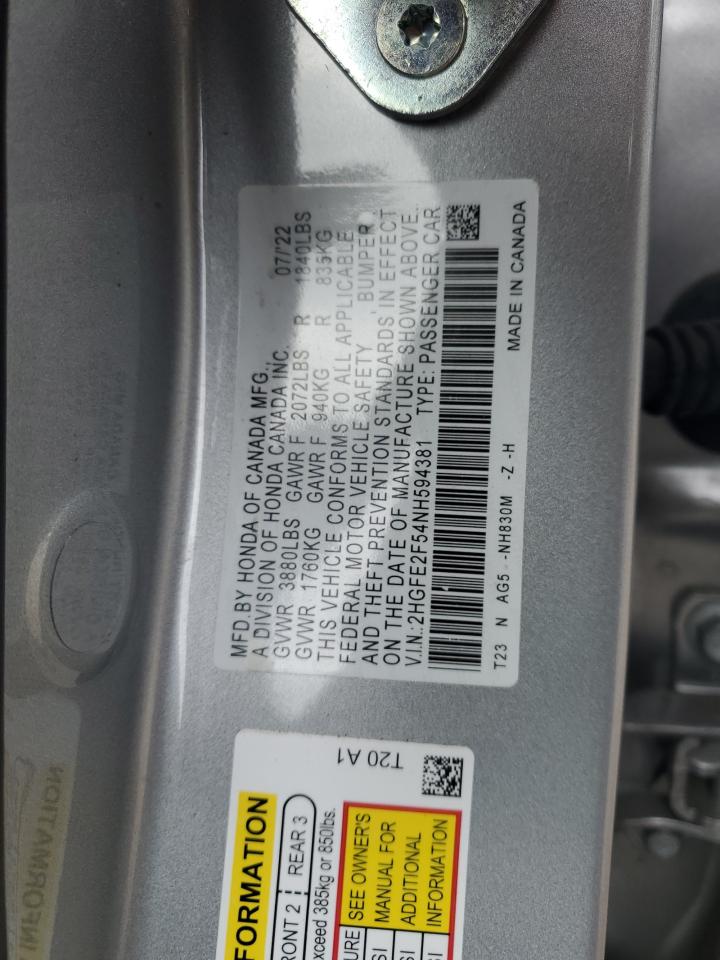 2022 HONDA CIVIC SPORT VIN:2HGFE2F54NH594381