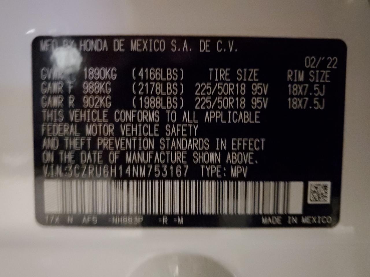 2022 HONDA HR-V SPORT VIN:3CZRU6H14NM753167