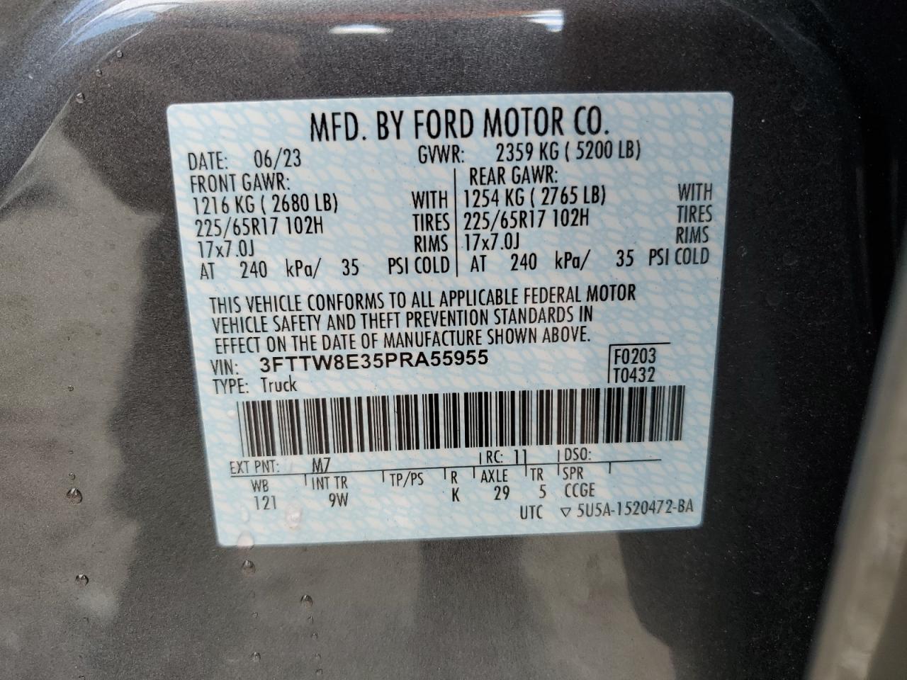 2023 FORD MAVERICK XL VIN:3FTTW8E35PRA55955