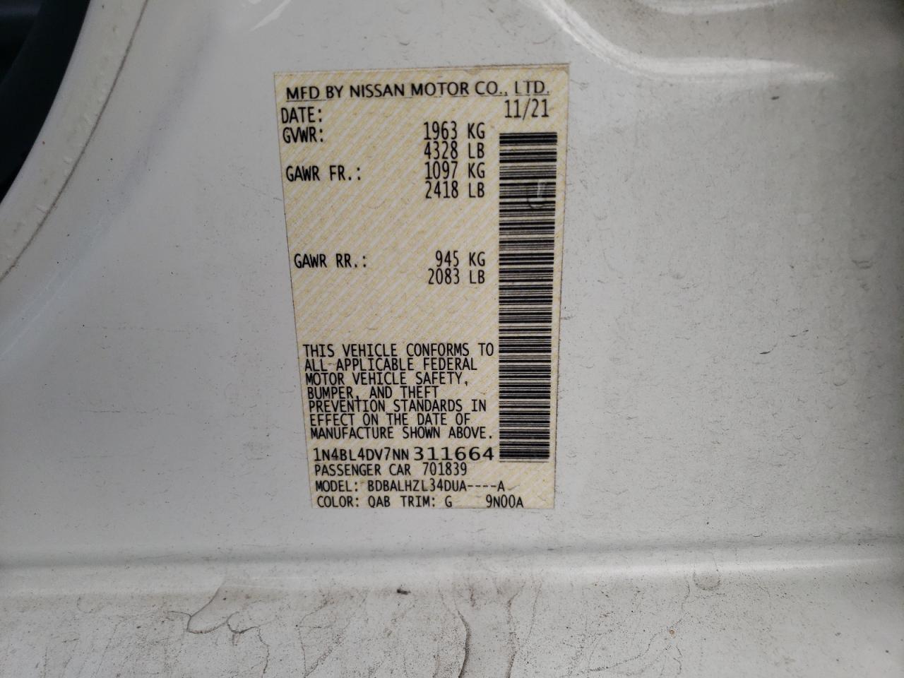 2022 NISSAN ALTIMA SV VIN:1N4BL4DV7NN311664