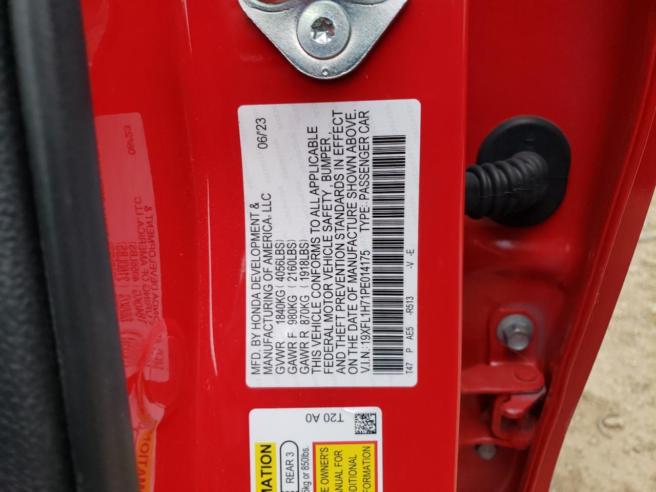 2023 HONDA CIVIC EXL VIN:19XFL1H71PE014175