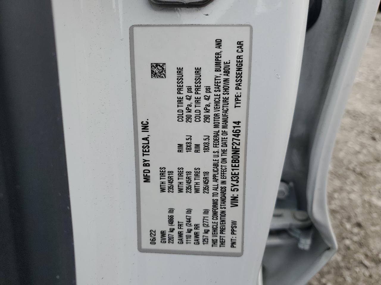 2022 TESLA MODEL 3 VIN:5YJ3E1EB0NF274614