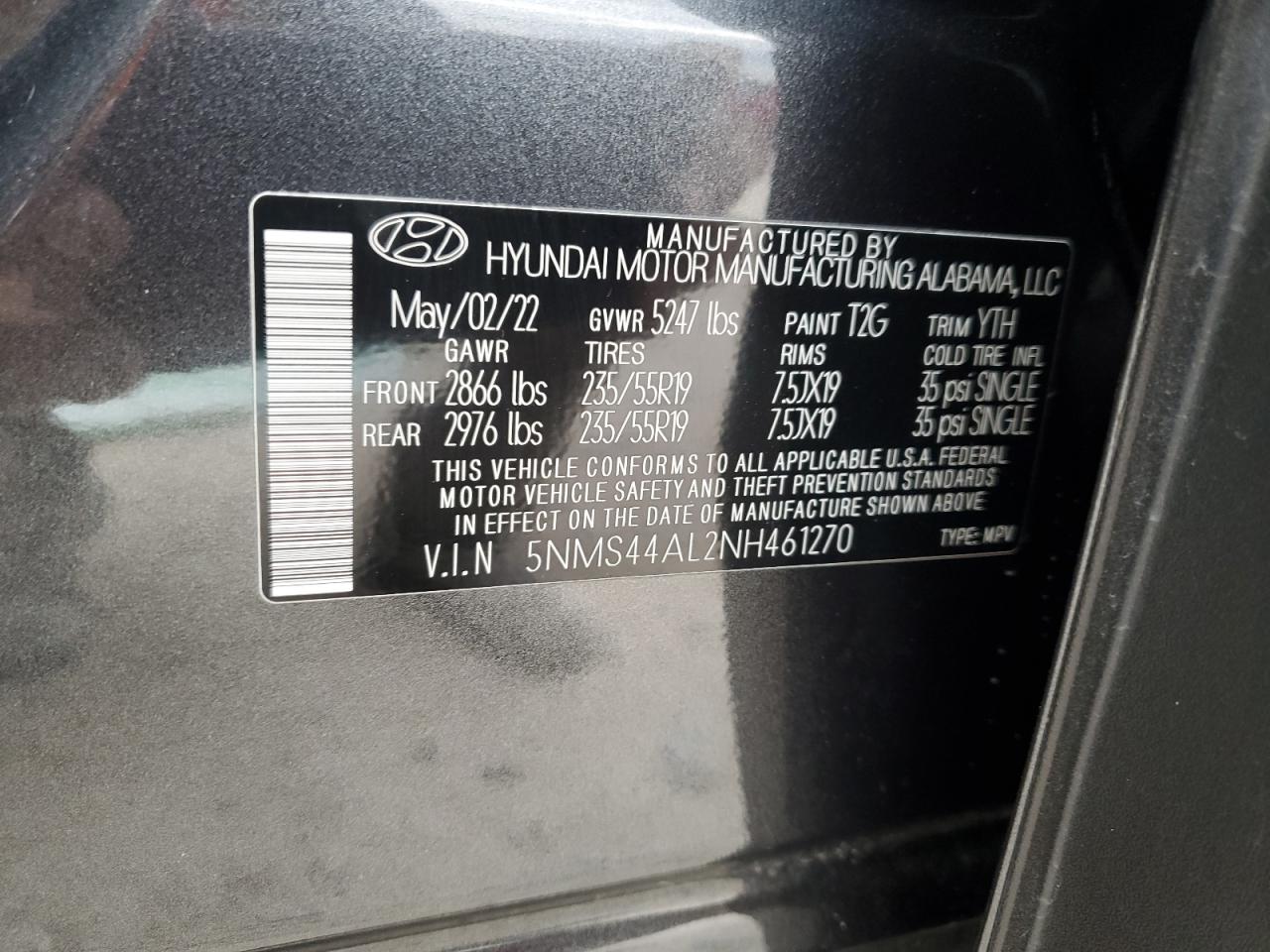 2022 HYUNDAI SANTA FE LIMITED VIN:5NMS44AL2NH461270