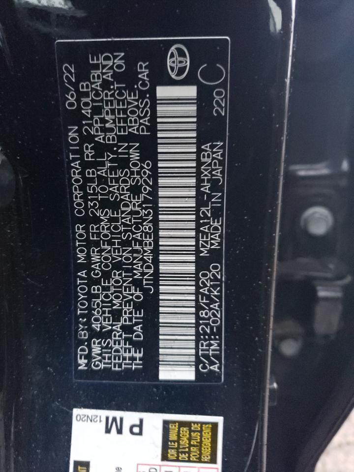 2022 TOYOTA COROLLA SE VIN:JTND4MBE8N3179296